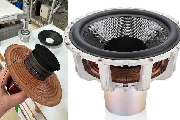 Antiresonanzkappe aus Schaumstoff: sitzt direkt auf dem Spulenträger und sorgt für grössere Festigkeit des Antriebssystems mit klassischer Zentrierspinne. Eine biomimetische Aufhängung ist hier wegen der grossen Masse (noch) nicht machbar.