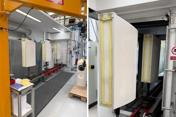Lackierstrasse: Die Grundierung und der Farbauftrag erfolgen mit Industrierobotern.