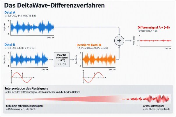 DeltaWave gleicht Zeitversatz, Pegel und Taktdrift zweier nahezu identischer Dateien an. Dann wird die Vergleichsaufnahme B invertiert und zur Referenz A addiert, also A minus B. Je kleiner das Restsignal, desto ähnlicher die Dateien.