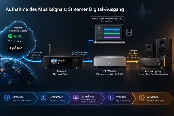 Der Streamer stellt die Daten aus dem Internet am Digitalausgang bereit, im Test am Coax-Ausgang des Cyrus 40 ST. Dort zeichnet die DAW eine Kopie auf (2a), noch vor jeder D/A-Wandlung. So lässt sich der Stream Bit für Bit mit dem CD-Rip vergleichen.