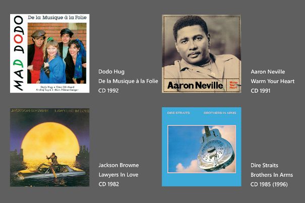 Die vier Testalben aus der CD-Sammlung des Autors. Bei Dodo Hug und Aaron Neville sind CD und Stream bitgleich, bei Jackson Browne stammen sie aus unterschiedlichen Transfers, bei Dire Straits steht ein Remaster gegen die CD.