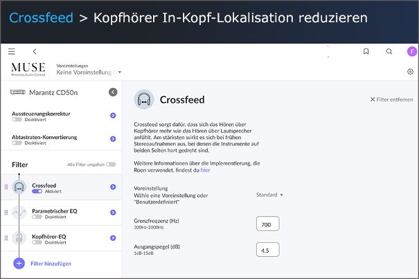 Die Musikwiedergabe über Kopfhörer klingt anders als über Lautsprecher. Stimmen und vor allem Instrumente werden eher seitlich und im Kopf wahrgenommen, anstatt aufgefächert von vorn, wie bei korrekter Lautsprecheraufstellung.