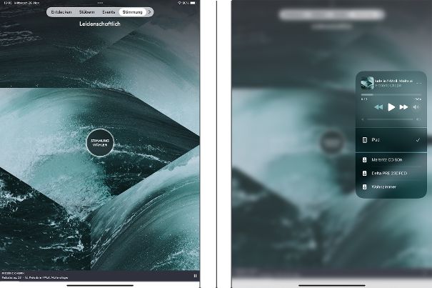 Stimmungen: Hier stehen etwa ein Dutzend Stimmungen von meditativ bis wütend zur Auswahl (links). Die Musikwiedergabe mit dem iPad-Kontrollzentrum funktioniert über AirPlay.