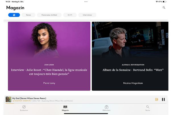 Im Qobuz-Magazin (deutsch) finden sich News-Artikel, Interviews und viel Informationen rund um Künstler, Musik und Audiotechnik.