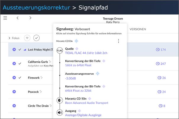 Roon: Die Neuberechnung des digitalen Pegels (Lautstärke) erfolgt mit 64-Bit-Genauigkeit. In der Regel genügt eine 3-dB-Absenkung, um auf der sicheren Seite zu sein (Aussteuerungsreserve/Headroom).