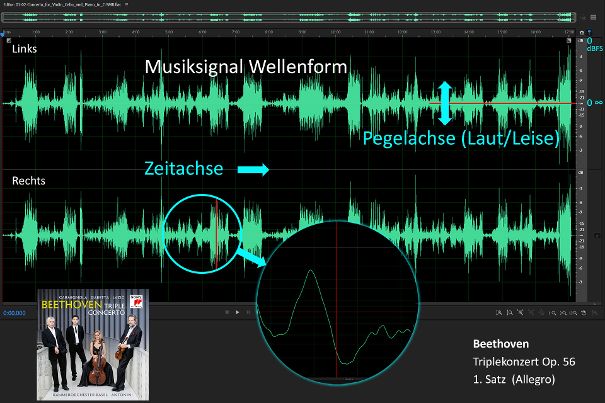 Grafik 1: Abgebildet die Dynamik-Struktur des ganzen Satzes anhand der Wellenform. Je höher der Ausschlag der grünen Linien um die Mittelachse, desto lauter die Passage.