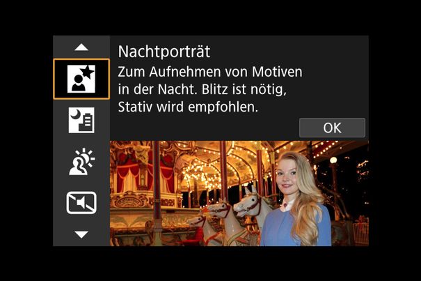 Hier wird geholfen: Hinweistext und Beispielfoto beim Motiv-Programm «Nachtporträt».