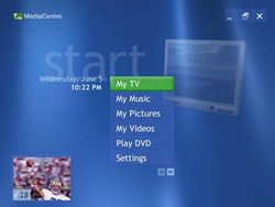 Oberfläche des WIndows Media Center. Anwahl der Funktionen per Fernbedienung.