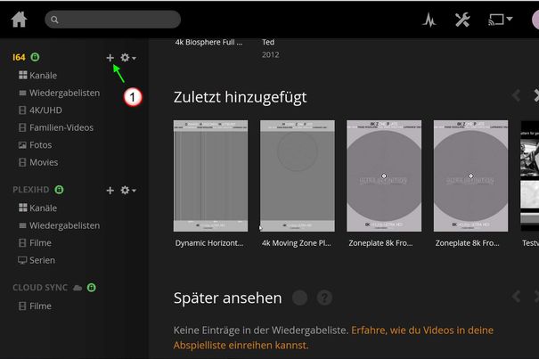 Neue Bibbliotheken werden im Plex durch das +-Symbol eröffnet.