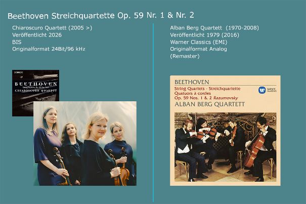 Beethovens erste zwei Rasumowsky-Quartette vom Chiaroscuro Quartet und vom renommierten Alban Berg Quartett aus dem Jahr 1979.