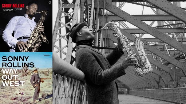 Einer der diversen alternativen Cover von «Saxophone Colossus», darunter das empfehlenswerte Album «Way Out West», rechts Sonny Rollins auf der Williamsburg Bridge.