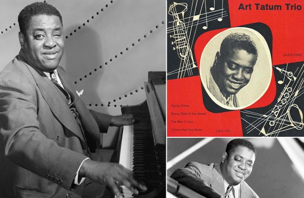 Links Art Tatum im Vogue Room (NYC) ca. 1948 (Foto William P. Gottlieb), rechts oben der Umschlag meiner ersten Tatum-EP, Jazztone Records, damals exklusiv von Ex Libris in der Schweiz vertrieben.