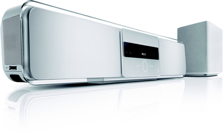 Surroundsound aus einem Lautprechersystem und Subwoofer. Philips Ambisound HTS8150