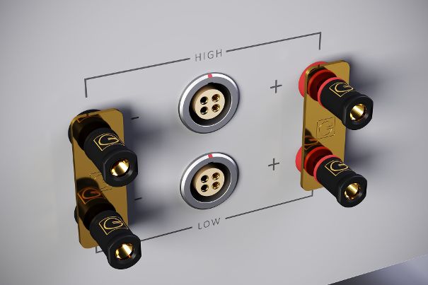 Bi-Wiring/Bi-Amping-Anschlussfeld mit hochwertigen Banana-Buchsen sowie speziellen 4-Pol-Buchsen in der Mitte. Im Bild sind die vergoldeten Kontaktbrücken für den Single-Wiring-Betrieb eingesetzt.