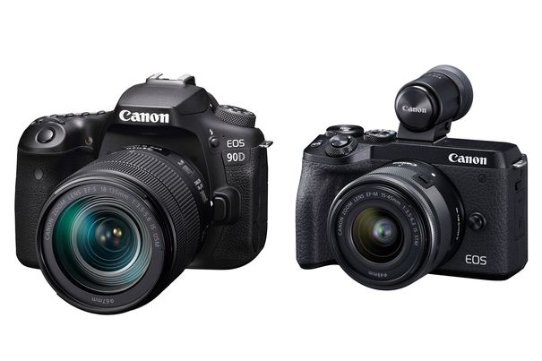 Passende EOS-Kameras für jeden: Die neue Canon DSLR EOS 90D und die neue spiegellose Canon EOS M6 Mark II (Abbildungen sind nicht massstabsgetreu).