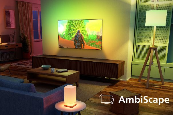 Philips AmbiScape überträgt das Ambilight auf bis zu vier smarte Lampen im Raum. Jede Leuchte folgt dem Bild, reagiert auf Musik oder leuchtet in einer festen Farbe.