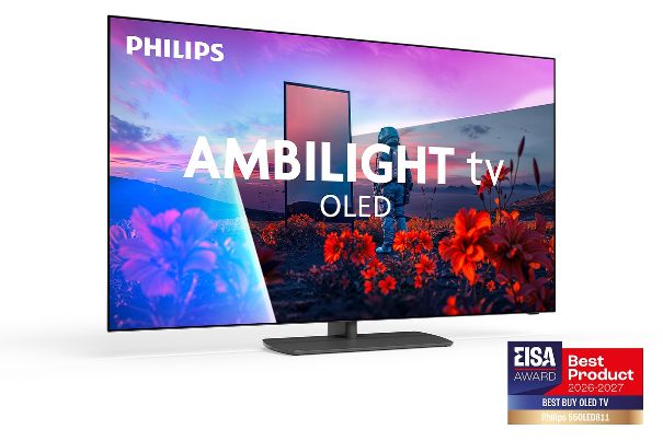 Der Philips 55OLED811 mit dreiseitigem Ambilight und Drehfuss wurde als «EISA Best Buy OLED TV 2026–2027» ausgezeichnet.