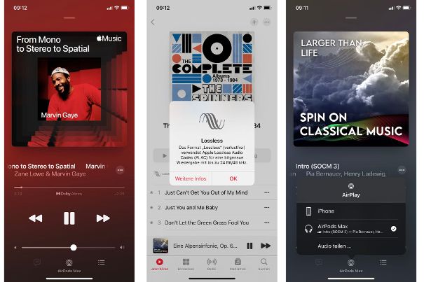Von der Musikwahl zur Wiedergabe: Weitere Oberflächen von Apple Music mit den AirPods Max als Wiedergabegerät.