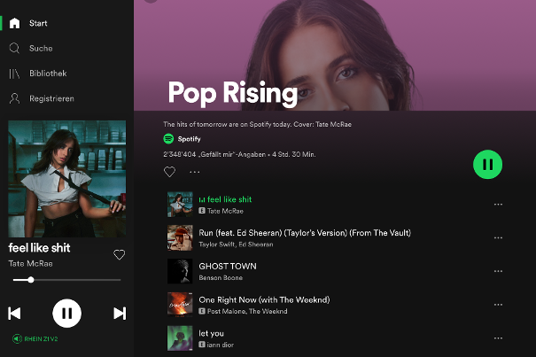 Auf der Spotify-Bedienoberfläche erscheint der Rhein Z1 V2 unten links.