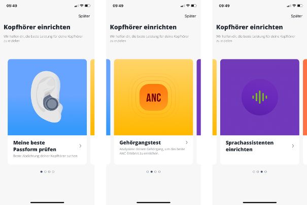 Erklärung von Passform, Gehörgangtest und Einrichtung des Sprachassistenten in der App JBL Headphones.