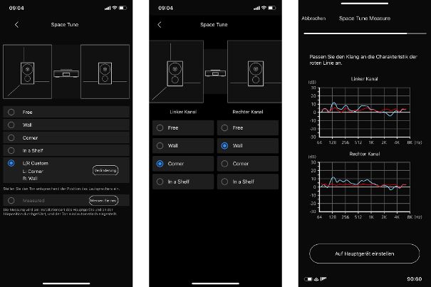 Drei Ansichten von Space Tune: In der Mitte sehen Sie unsere Einstellung im Testbetrieb und rechts die Messungen von «Measured»-gebotenen Korrekturen.