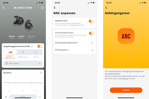 ANC (adaptive Geräuschkompensation) und Gehörgangtest für die individuelle Balance der Schalleigenschaften im Gehörgang.