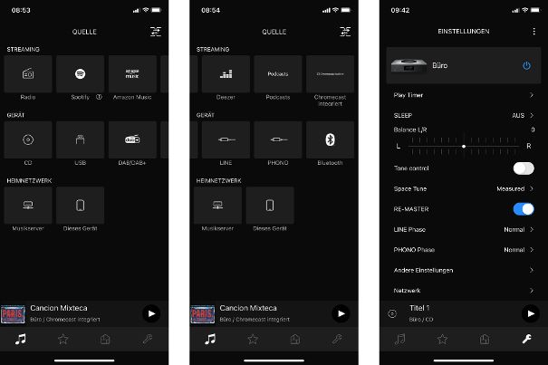Funktionales Displaydesign der App: Für die Wahl der Musikquelle kann man drei Screens durchwischen (!). Rechts die Oberfläche für Einstellungen und unten sieht man den Track, der spielt.