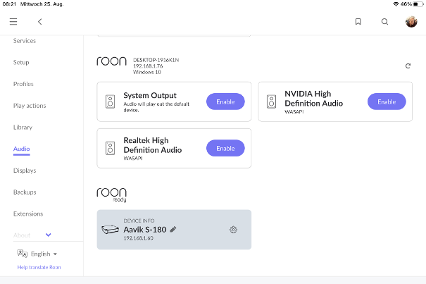 Roon Audio Settings: Der Aavik S-180 wird als Endpoint sichtbar.