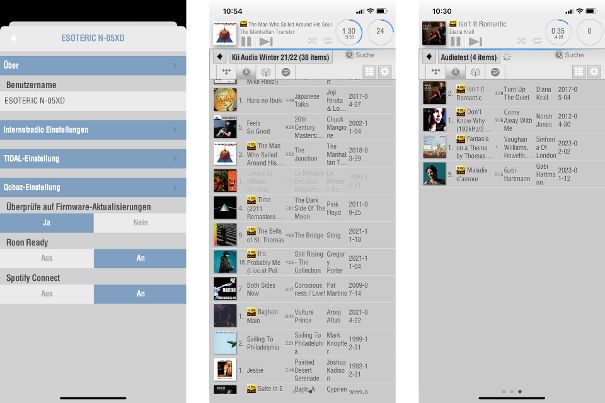 Beispiele der Nutzeroberfläche des Esoteric N-05-XD, die Esoteric Sound Stream App. Im Bild die Smartphone-Version. Alles ist einfach, informativ und sehr übersichtlich.