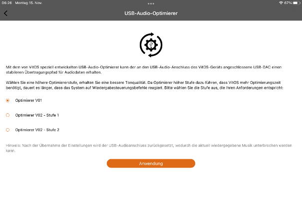 Der USB-Audio-Optimierer kann in drei Stufen angewendet werden.