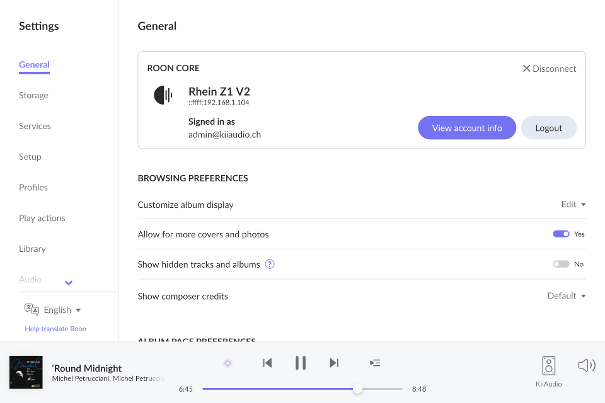 Settings in Roon: Der Rhein Z1 V2 wird als Roon Core betrieben. Unten sieht man die laufende Musikwiedergabe.