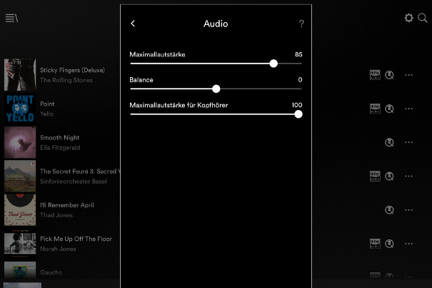 Pop-Up-Menu für Audioeinstellungen: Die Maximallautstärken sind für Kopfhörer und Lautsprecher separat einstellbar. Die Balanceregelung ist praktisch.