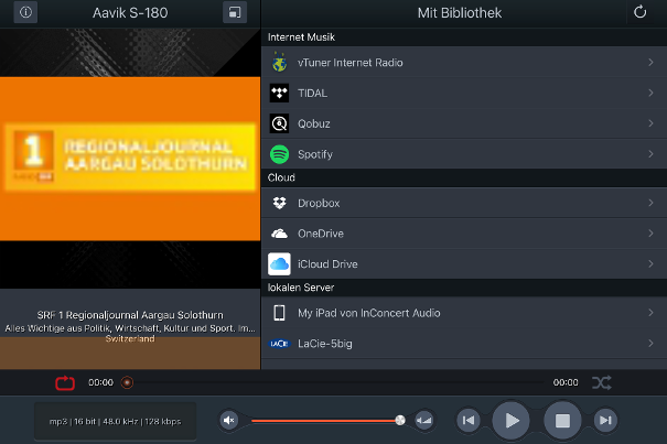 Die sehr gute Aavik Stream App: Rechts ist ersichtlich, aus welchen Quellen man die Musik streamen kann. In jenem Moment lief gerade SRF1 mit dem integrierten vTuner. Unten sieht man den Player.