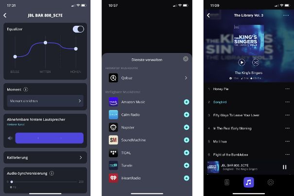 Die Oberfläche links dient der Kalibrierung des Systems, der Lautstärkeregelung der Rear speaker und der Synchronisation des Audiosignals (falls notwendig) plus Equalizer. Mitte: Verwaltung der Streamingdienste. Rechts: Album-Ansicht auf Qobuz.