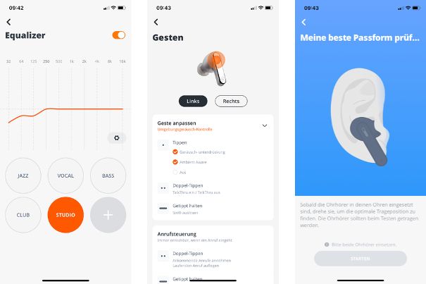 Beispiele von Untermenüs der JBL Headphones App: Z. B. Equalizer (Voreinstellungen und individuell), Festlegung von bestimmten Gesten an den Earbuds und rechts eine Einmessung zur Prüfung der optimalen Passform der JBL Live Pro 2.