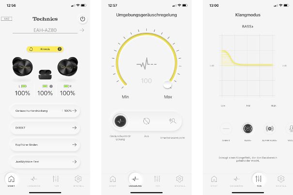 Technics Audio Connect App: Links die Funktionsübersicht, in der Mitte der einstellbare Geräusch-Durchsatz und rechts eine leichte Bassanhebung.