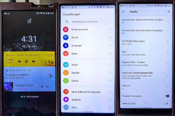 Beim Startbildschirm (links) sieht man den Status beider Player (FiiO und z. B. Qobuz). Übersichtliches Menü der Einstellungen (Teilansicht, Mitte). Umfangreiche Möglichkeiten im Audio-Modus (rechts).