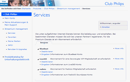 Philips bietet aktuell drei Services für Internetradiostationen an. Der bewährte vTuner-Dienst fehlt leider noch.