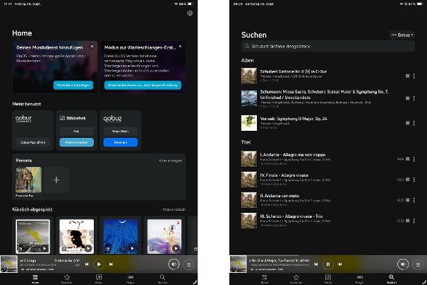Links: konfigurierbarer Home-Bildschirm mit individuellen Presets. Rechts: Die Suchfunktion kann gezielt Bereiche wie Streamingdienste oder den angedockten USB-Speicher durchsuchen.