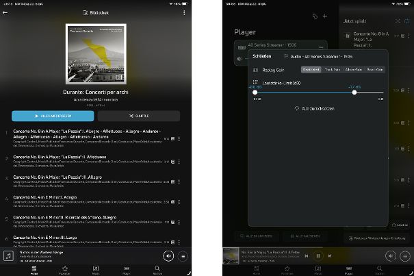Links: Die Playlist ist übersichtlich, informativ und praxistauglich. Rechts: Lautstärke-Normalisierung (Replay Gain) auf Track- und Album-Ebene ist vor allem für Album-Hörer und im Klassikbereich wichtig.