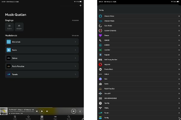 Links: Liste der aktiv genutzten Dienste. Rechts: Die grosse Auswahl an Diensten und Radioplattformen lässt kaum Wünsche offen. Die Connect-Funktion für Qobuz, Tidal und Spotify ist ebenfalls verfügbar.