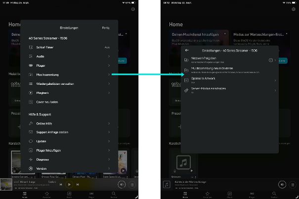 Links: Zusätzlich zu den Einstellmöglichkeiten direkt am Gerät bietet die BluOS-App weitere Einstellungen und Funktionen, inklusive Software-Updates. Rechts: Die Content-Indexierung für angedockte USB-Speicher hat Potenzial für Verbesserungen.