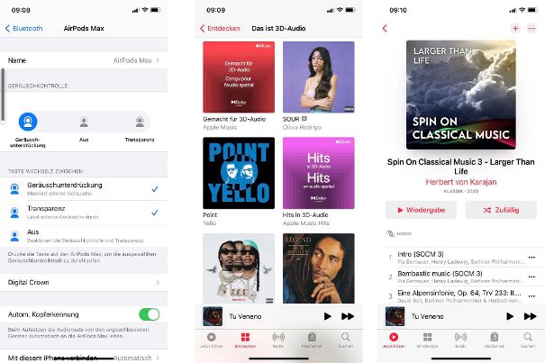 Bedienoberflächen auf dem iPhone: Links Einstellungen für Tastenfunktion und Kronenfunktion etc. Mitte: Ausschnitt einer Auswahl für Musik in 3D-Audio auf Apple Music: Rechts: Ein Klassik-Sampler in Lossles Audio auf Apple Music.