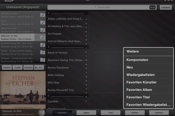 Die Musikbibliothek lässt sich einfach durchsuchen. Eine Besonderheit ist, dass auch Komponisten verwaltet werden.