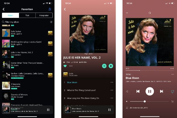 Qobuz-Wiedergabe integriert in der JBL One App: Favoritenauswahl, Albumansicht und Track-Ansicht. Die Optik der Oberfläche überzeugt.