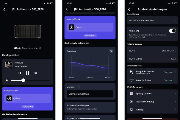 Einige Ansichten der massgeschneiderten Bedienoberfläche der JBL One App.