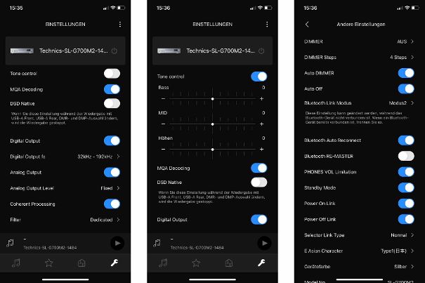 Beim SL-G700M2 sind zahlreiche Einstellungen möglich. So auch ein einfacher Equalizer. Die gezeigten Ansichten sind nicht vollständig. Man kann noch scrollen.