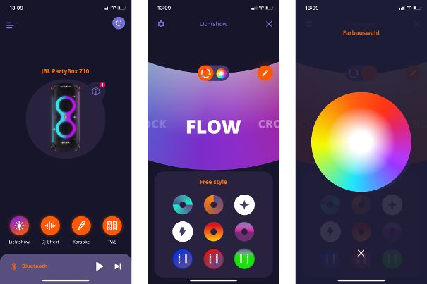 JBL-Partybox-App: Links der Startbildschirm mit Funktionsübersicht. In der Mitte die mannigfaltigen Lichtbewegungen und Blitzlichteffekte. Rechts die individuelle Farbauswahl.