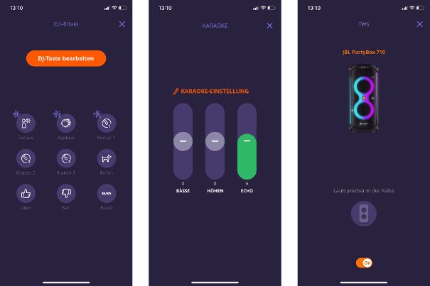JBL-Partybox-App: Links die zahlreichen DJ-Toneffekte. In der Mitte die Karaoke-Einstellungen und rechts die Lautsprecher-Pairing-Funktion via App.