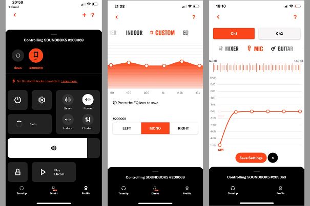 Die Soundboks-App mit den Standardfunktionen, einem individuellen Custom-Klangprofil und dem Pro Panel im Mic-Modus; mit High-Pass-Filter.